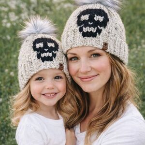 Matching Mother–Daughter Knit Beanie Set – Skull Pom Pom Hats Cool Mom Cozycore